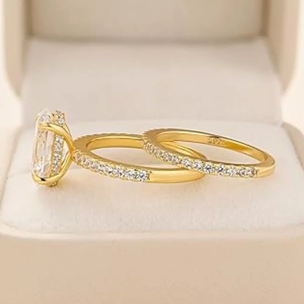18K Yellow Gold 3.5ct Oval Diamond Ring Set 925 Sterling Silver Wedding Bridal
